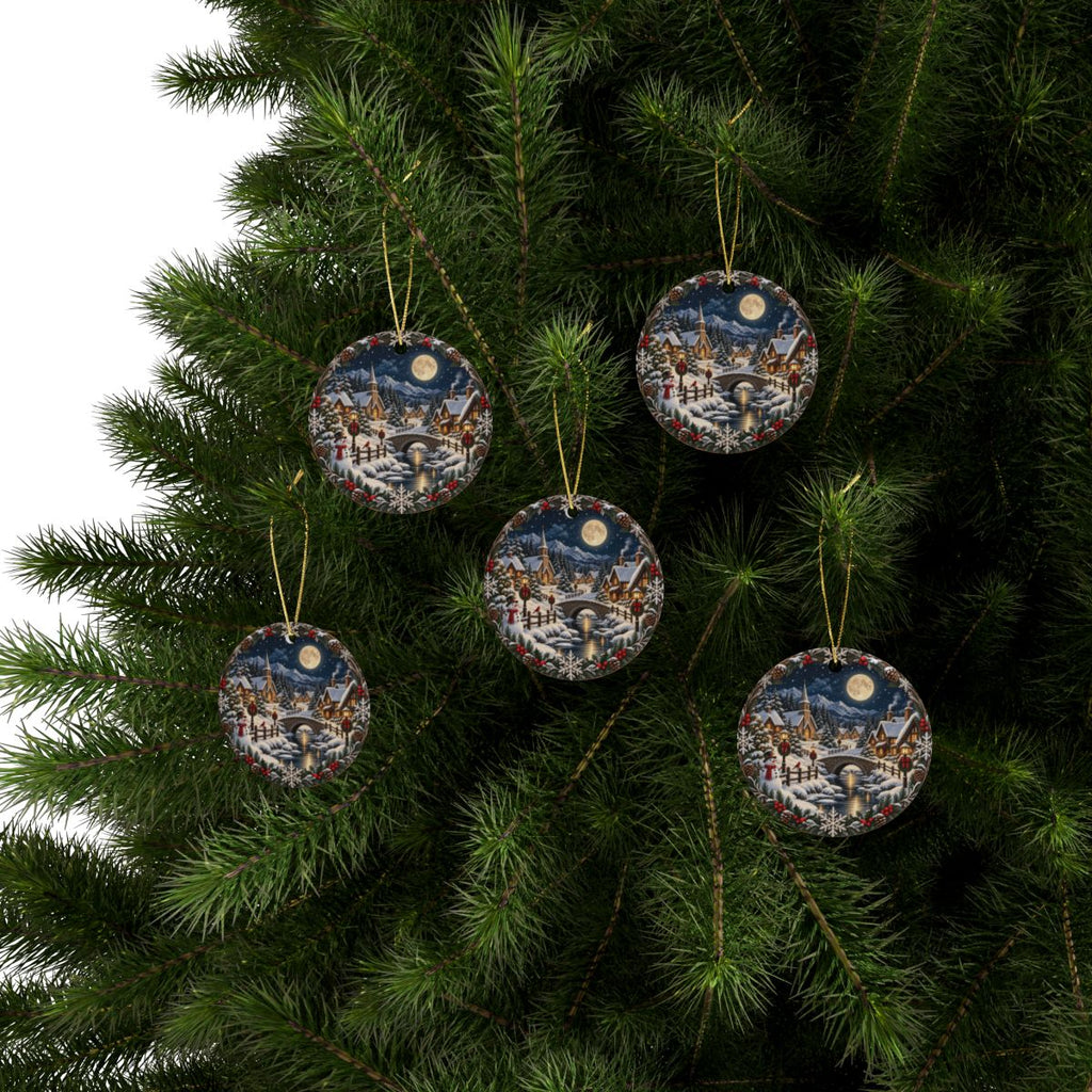 Snowy Village Moonlight Ceramic Ornament | Christmas Tree Decoration
