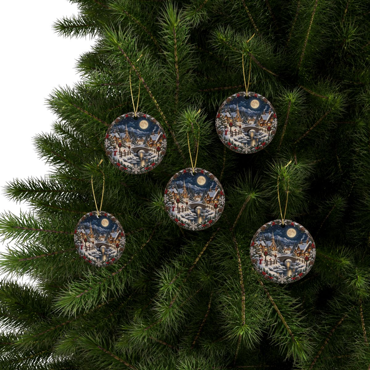 Snowy Village Moonlight Ceramic Ornament | Christmas Tree Decoration