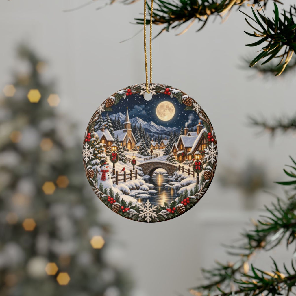 Snowy Village Moonlight Ceramic Ornament | Christmas Tree Decoration