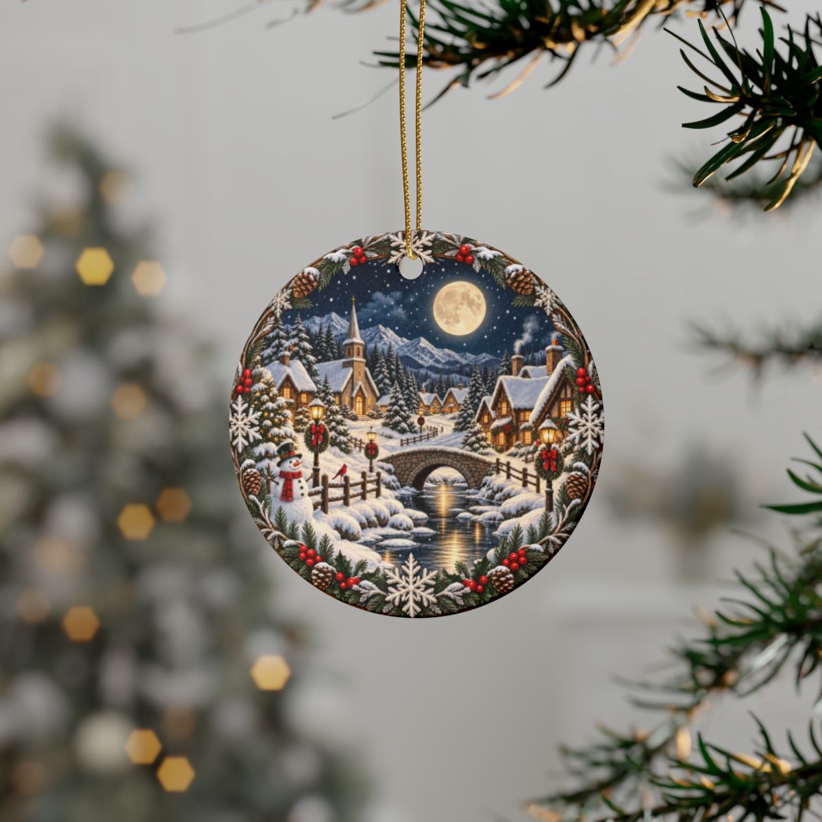 Snowy Village Moonlight Ceramic Ornament | Christmas Tree Decoration