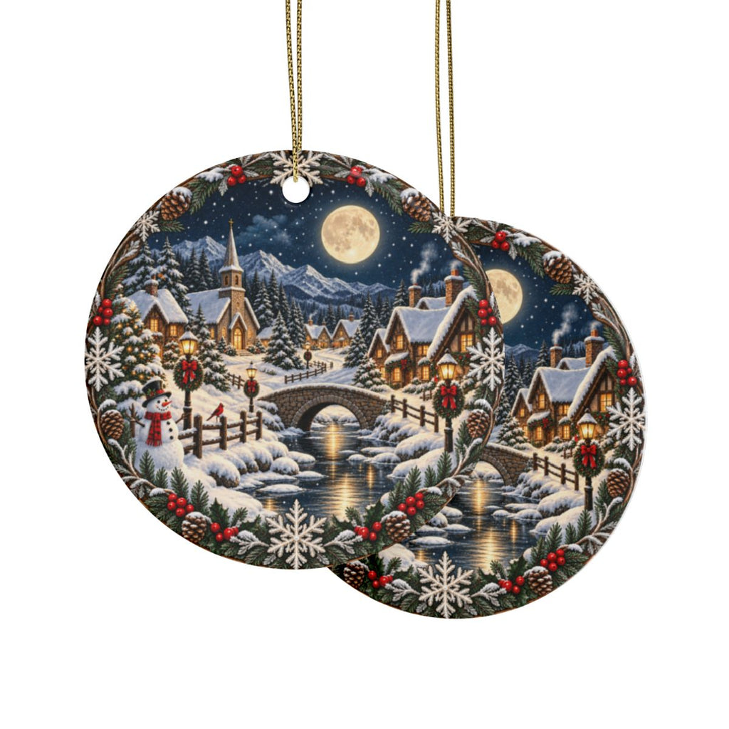Snowy Village Moonlight Ceramic Ornament | Christmas Tree Decoration