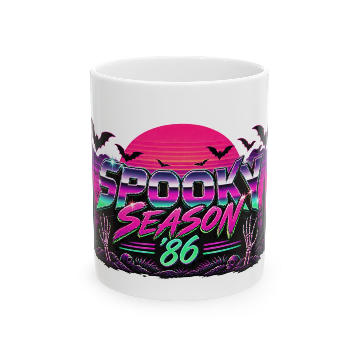 Spooky Season '86 Retro Halloween Mug | 80s Neon Sunset Ghost Bat Skeleton Coffee Mug, Gothic Horror Gift
