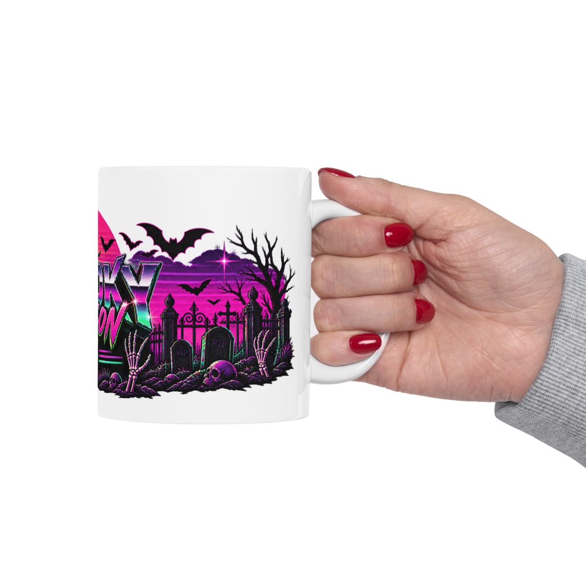 Spooky Season '86 Retro Halloween Mug | 80s Neon Sunset Ghost Bat Skeleton Coffee Mug, Gothic Horror Gift