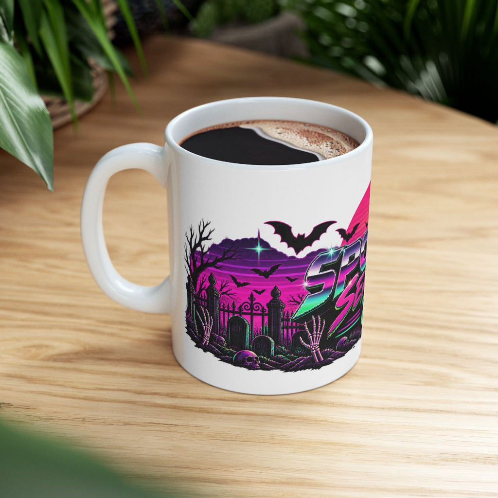 Spooky Season '86 Retro Halloween Mug | 80s Neon Sunset Ghost Bat Skeleton Coffee Mug, Gothic Horror Gift