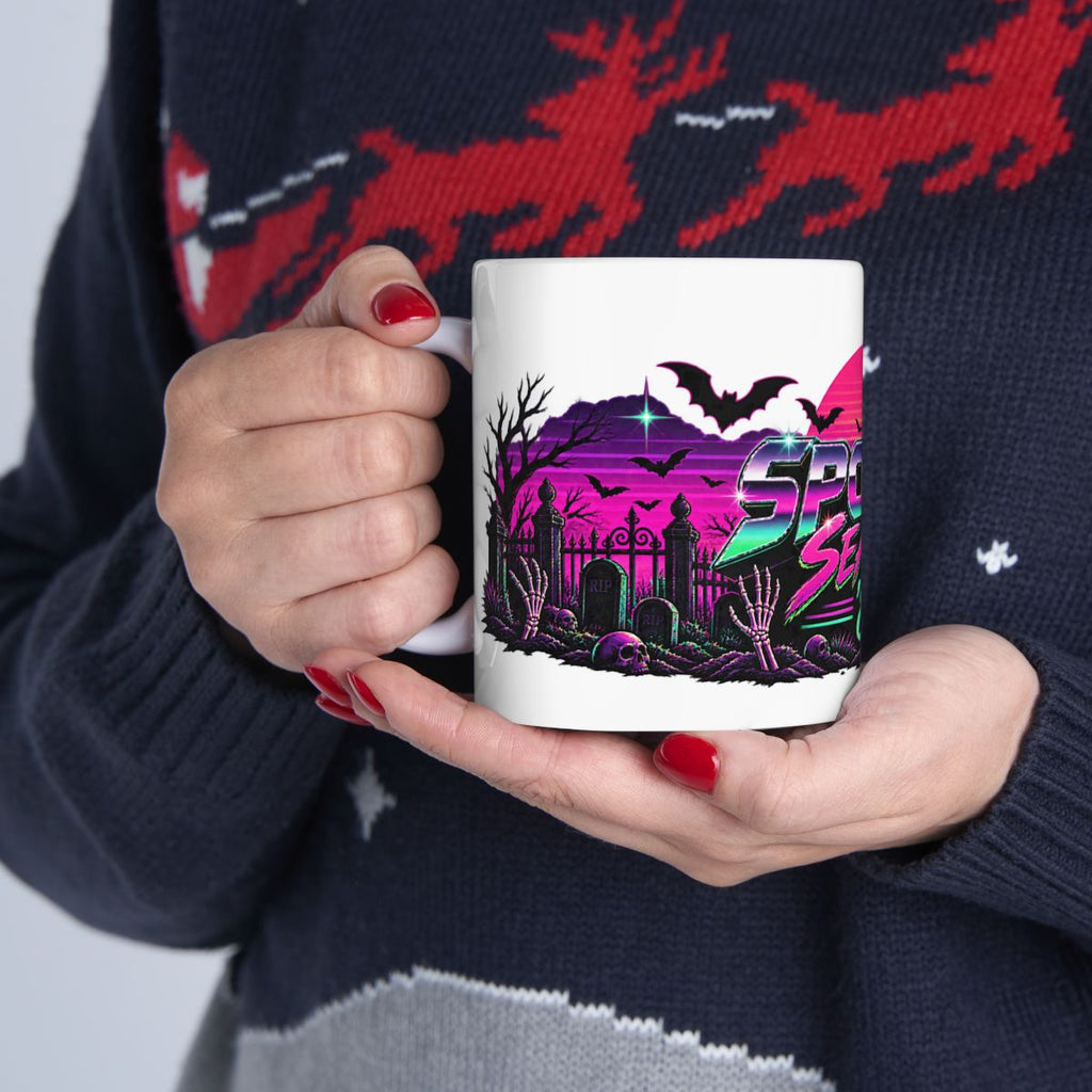 Spooky Season '86 Retro Halloween Mug | 80s Neon Sunset Ghost Bat Skeleton Coffee Mug, Gothic Horror Gift