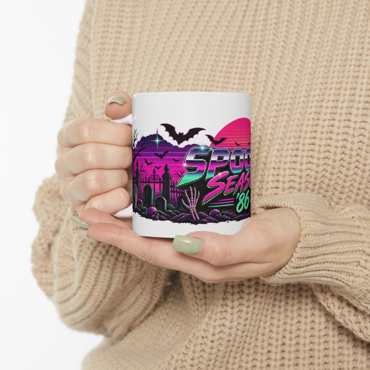 Spooky Season '86 Retro Halloween Mug | 80s Neon Sunset Ghost Bat Skeleton Coffee Mug, Gothic Horror Gift