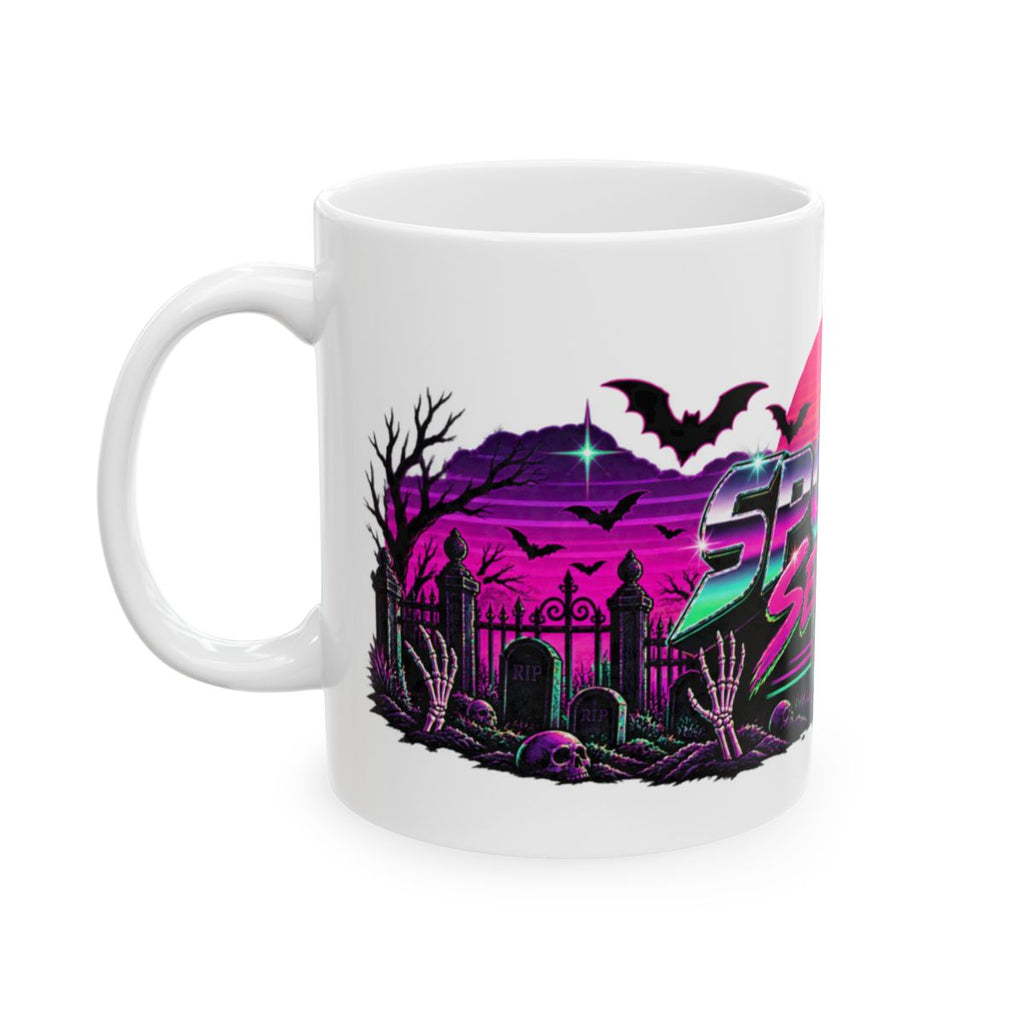Spooky Season '86 Retro Halloween Mug | 80s Neon Sunset Ghost Bat Skeleton Coffee Mug, Gothic Horror Gift