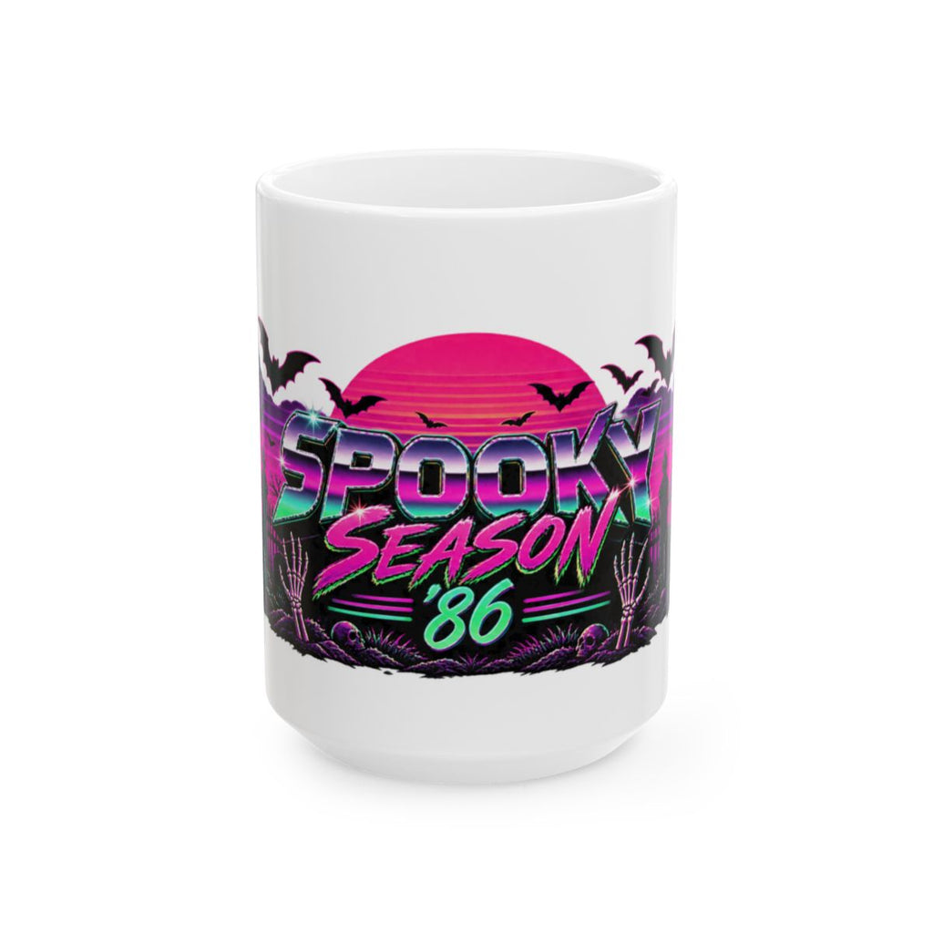 Spooky Season '86 Retro Halloween Mug | 80s Neon Sunset Ghost Bat Skeleton Coffee Mug, Gothic Horror Gift