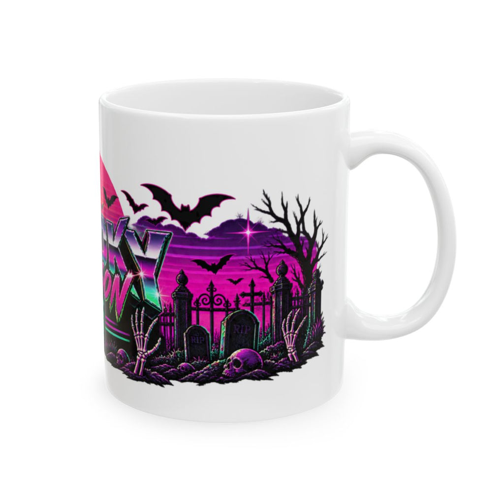 Spooky Season '86 Retro Halloween Mug | 80s Neon Sunset Ghost Bat Skeleton Coffee Mug, Gothic Horror Gift