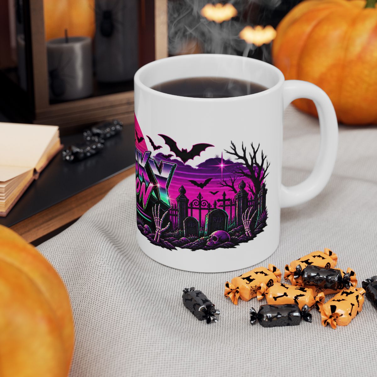Spooky Season '86 Retro Halloween Mug | 80s Neon Sunset Ghost Bat Skeleton Coffee Mug, Gothic Horror Gift
