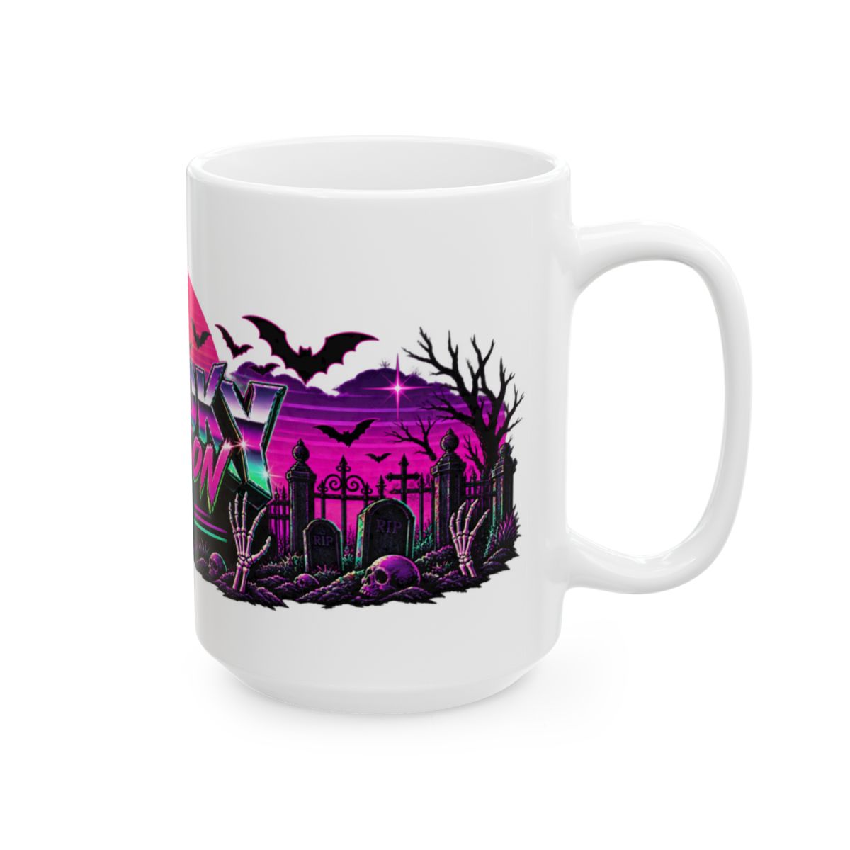 Spooky Season '86 Retro Halloween Mug | 80s Neon Sunset Ghost Bat Skeleton Coffee Mug, Gothic Horror Gift