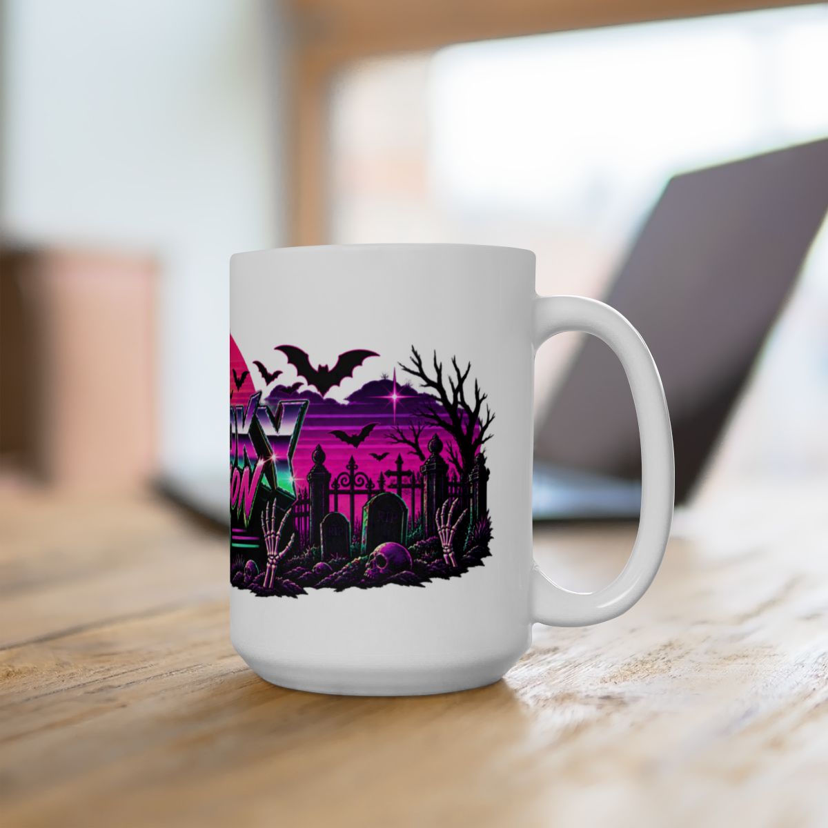 Spooky Season '86 Retro Halloween Mug | 80s Neon Sunset Ghost Bat Skeleton Coffee Mug, Gothic Horror Gift