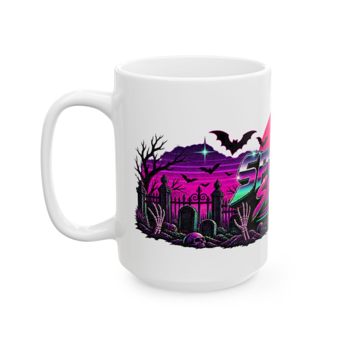 Spooky Season '86 Retro Halloween Mug | 80s Neon Sunset Ghost Bat Skeleton Coffee Mug, Gothic Horror Gift