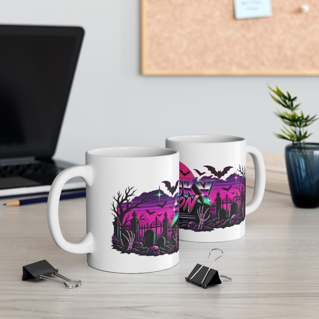 Spooky Season '86 Retro Halloween Mug | 80s Neon Sunset Ghost Bat Skeleton Coffee Mug, Gothic Horror Gift