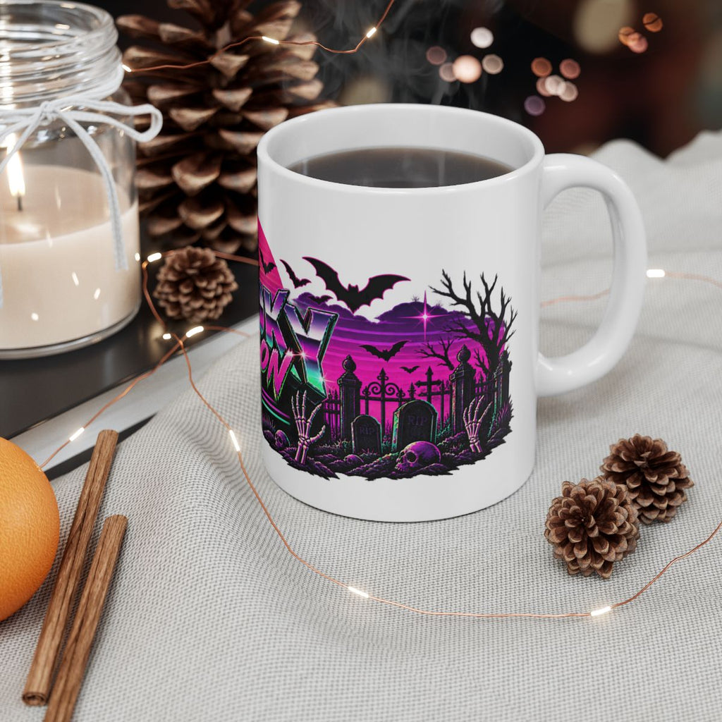 Spooky Season '86 Retro Halloween Mug | 80s Neon Sunset Ghost Bat Skeleton Coffee Mug, Gothic Horror Gift