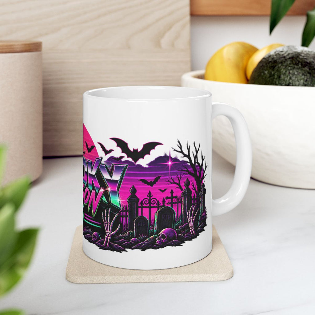 Spooky Season '86 Retro Halloween Mug | 80s Neon Sunset Ghost Bat Skeleton Coffee Mug, Gothic Horror Gift