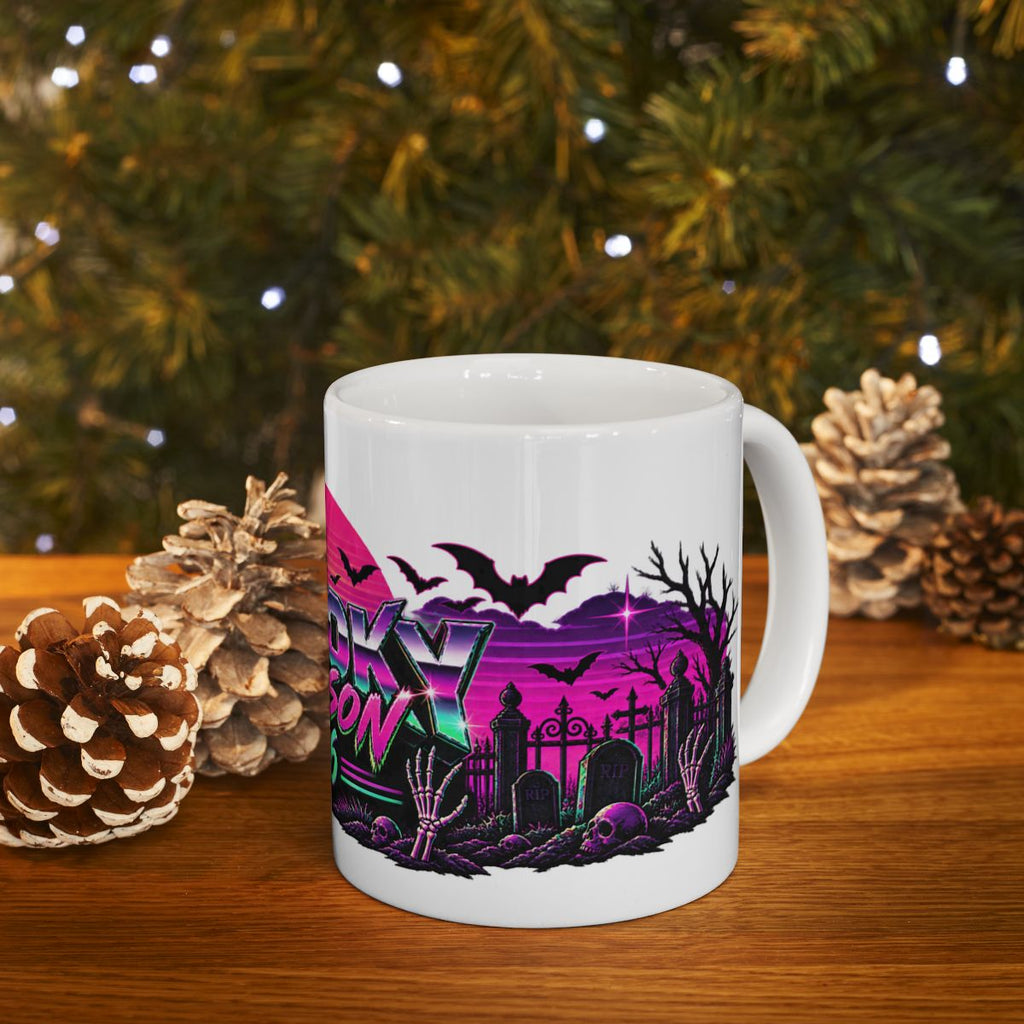 Spooky Season '86 Retro Halloween Mug | 80s Neon Sunset Ghost Bat Skeleton Coffee Mug, Gothic Horror Gift