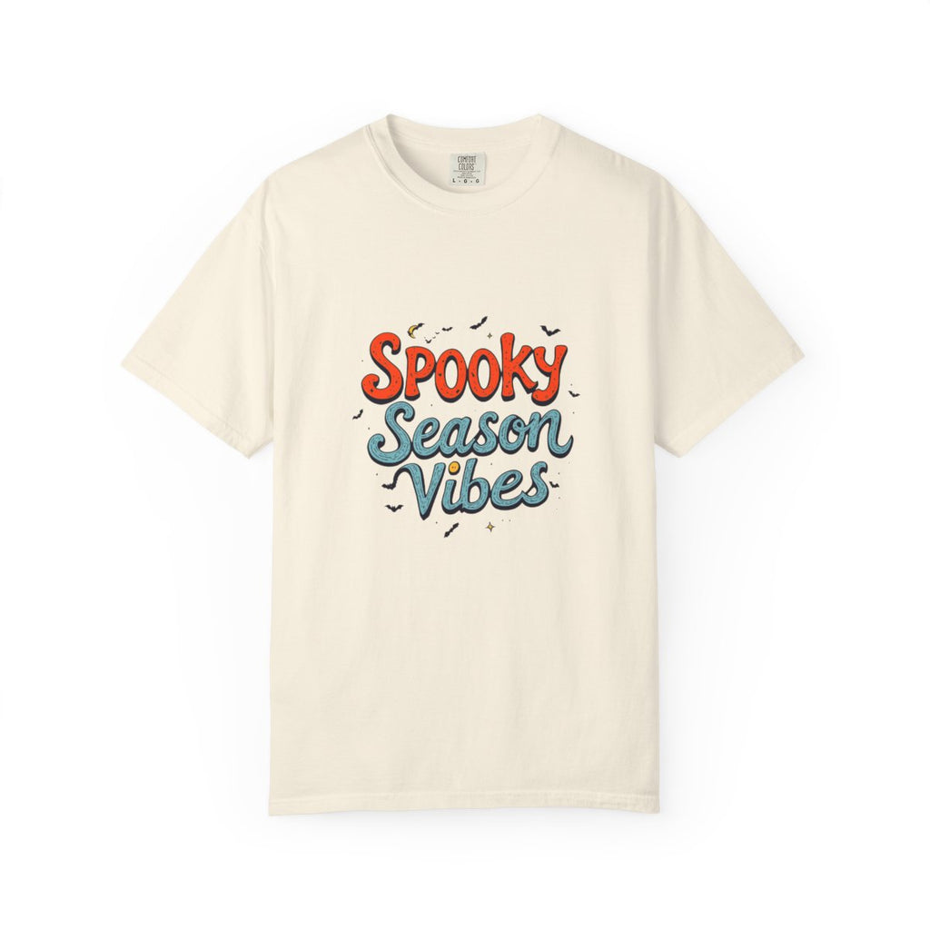Spooky Season Vibes T-shirt | Halloween lettering, bats, autumn colors