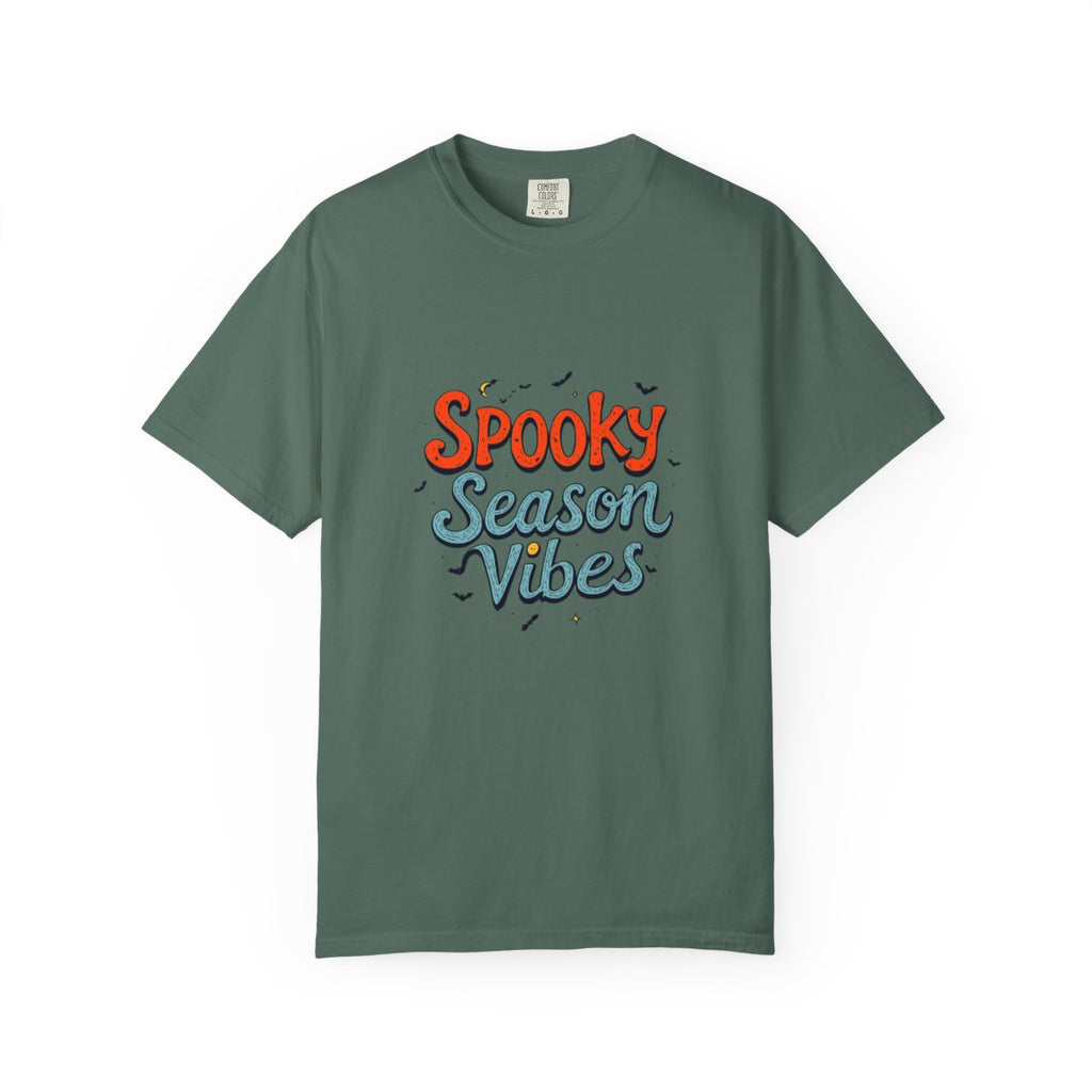 Spooky Season Vibes T-shirt | Halloween lettering, bats, autumn colors