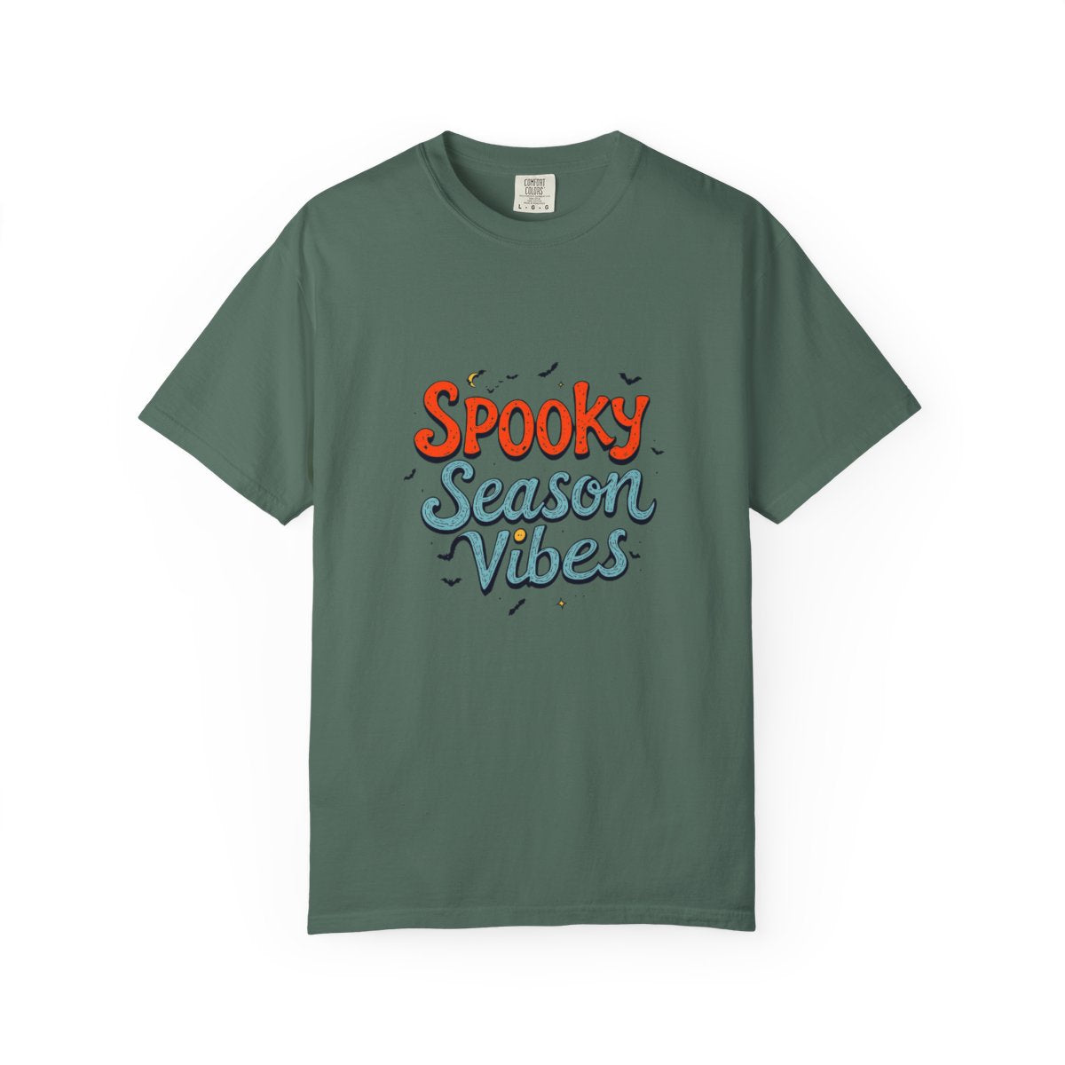 Spooky Season Vibes T-shirt | Halloween lettering, bats, autumn colors