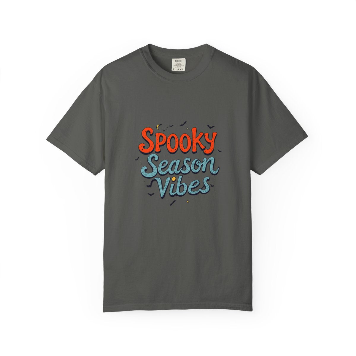 Spooky Season Vibes T-shirt | Halloween lettering, bats, autumn colors