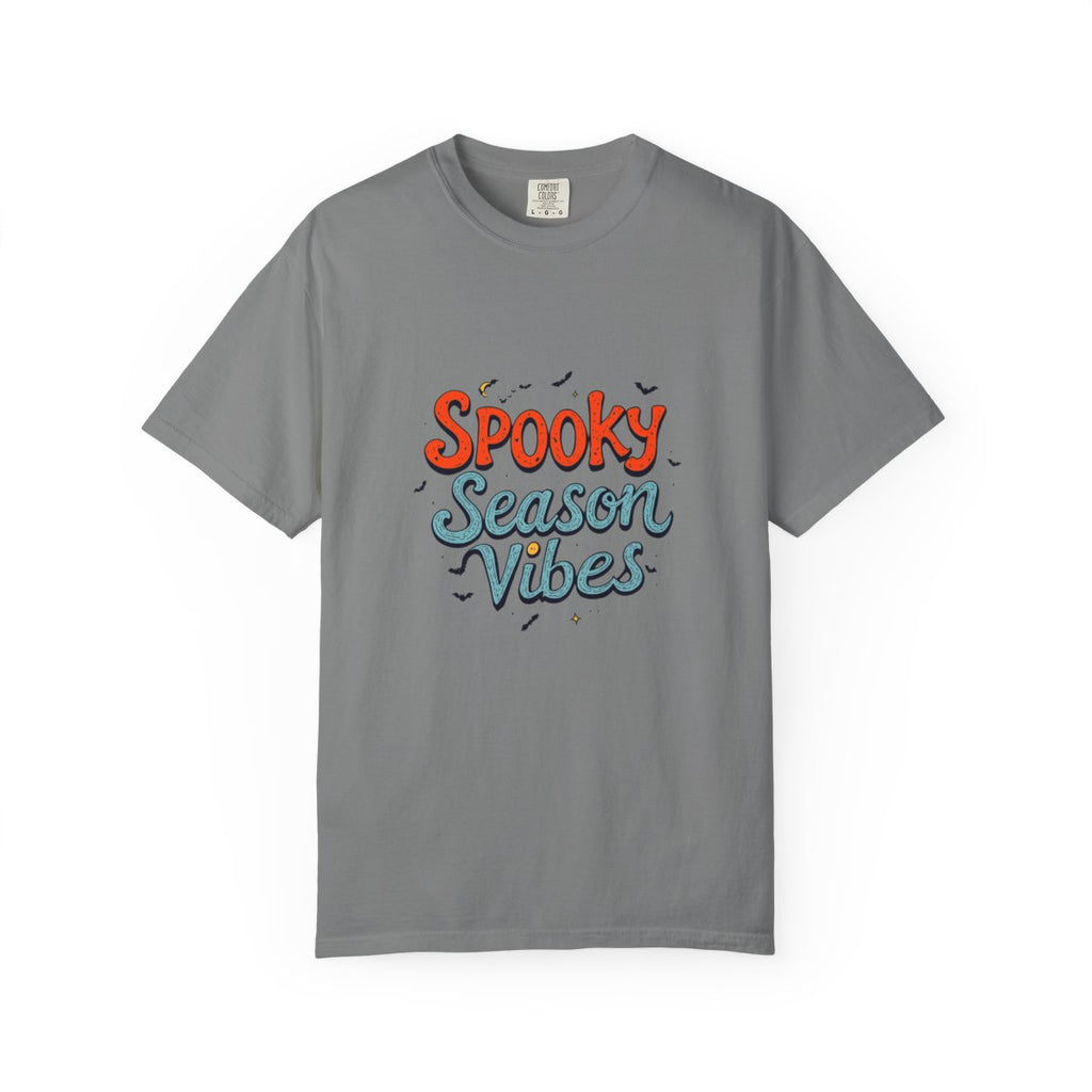 Spooky Season Vibes T-shirt | Halloween lettering, bats, autumn colors