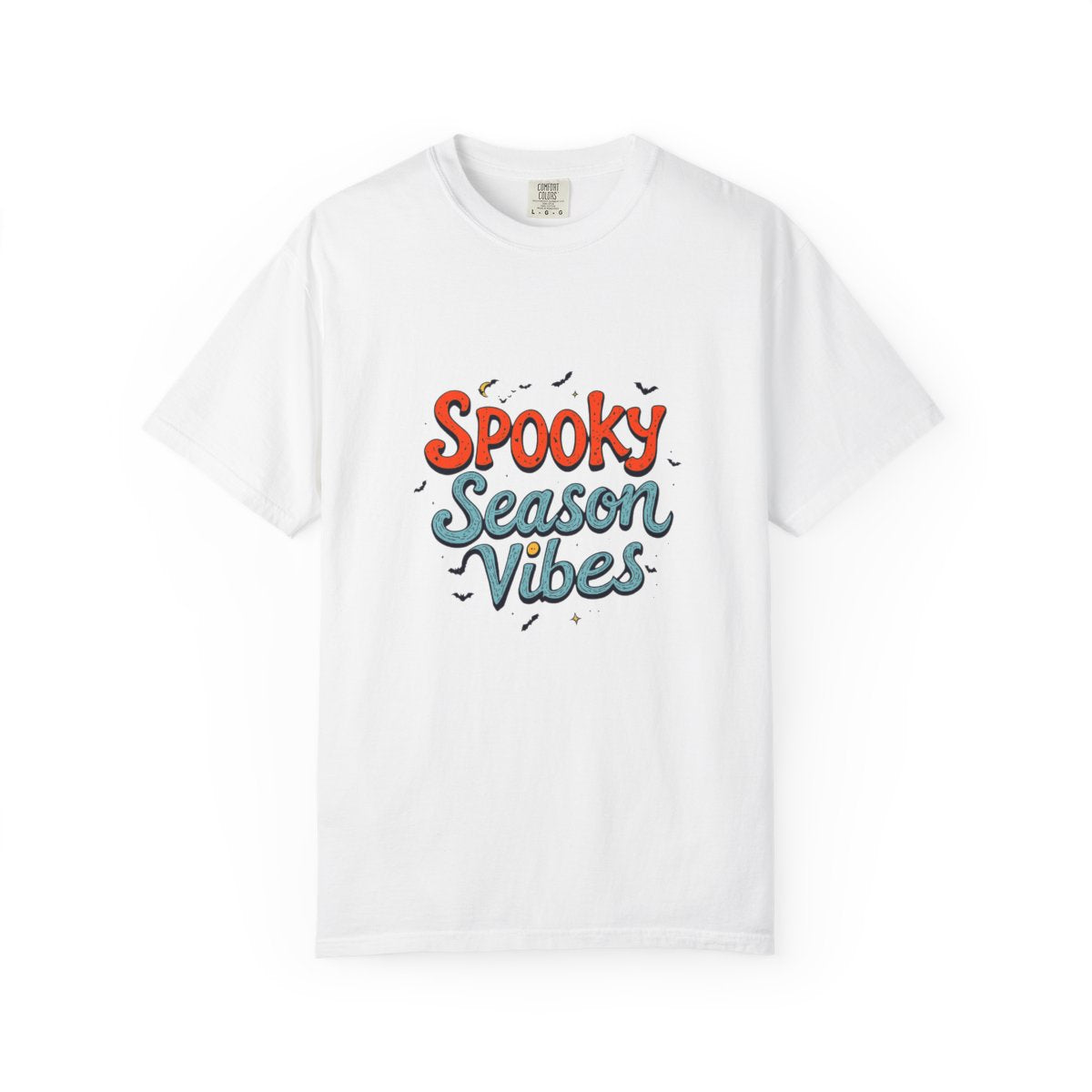 Spooky Season Vibes T-shirt | Halloween lettering, bats, autumn colors