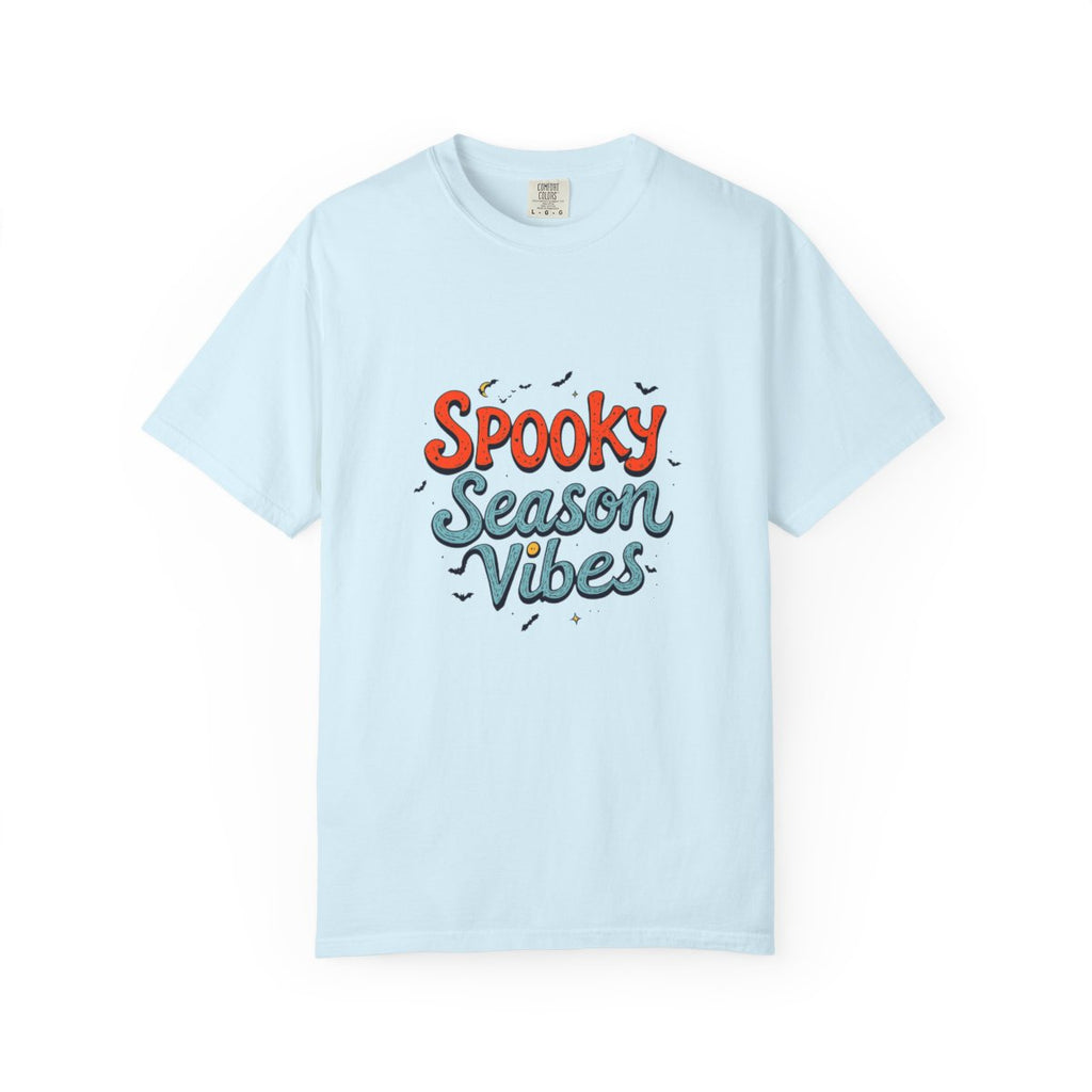 Spooky Season Vibes T-shirt | Halloween lettering, bats, autumn colors
