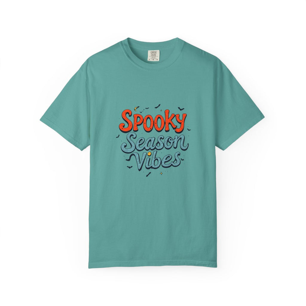 Spooky Season Vibes T-shirt | Halloween lettering, bats, autumn colors