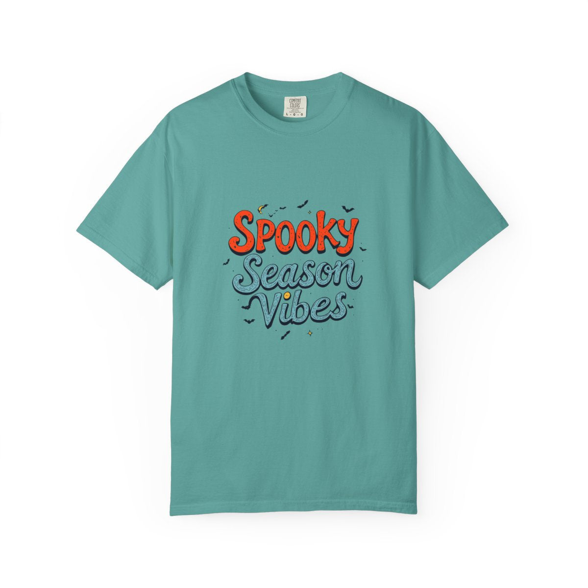 Spooky Season Vibes T-shirt | Halloween lettering, bats, autumn colors