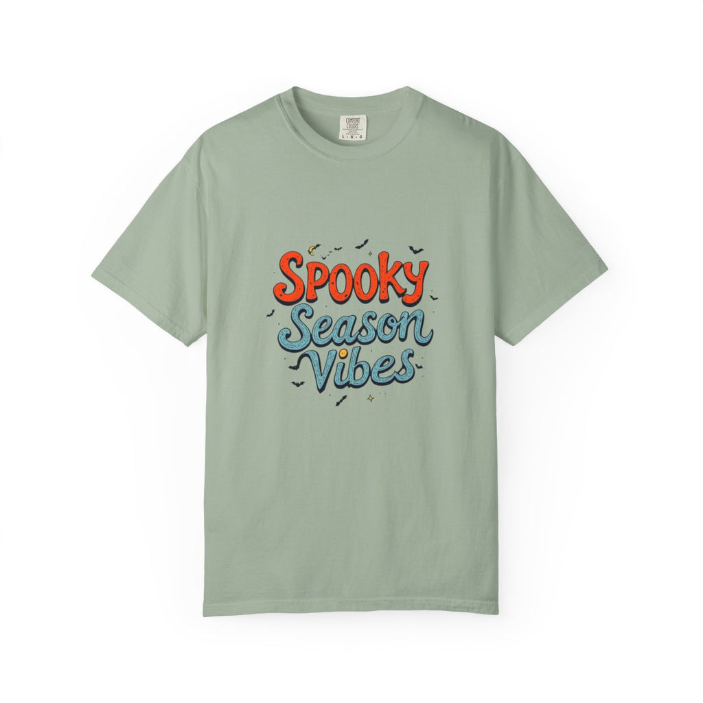 Spooky Season Vibes T-shirt | Halloween lettering, bats, autumn colors
