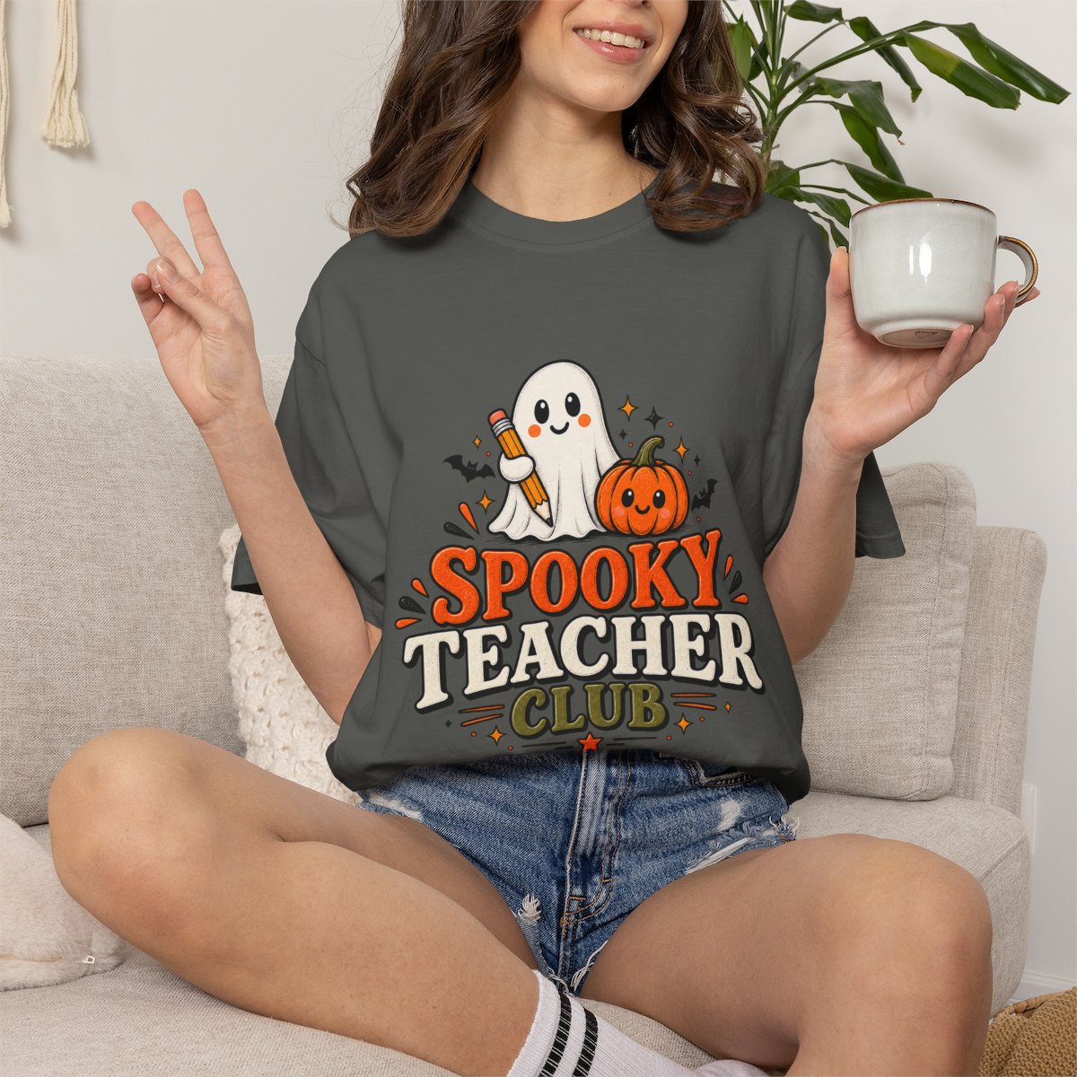 Spooky Teacher Club T-shirt | Halloween ghost and pumpkin design