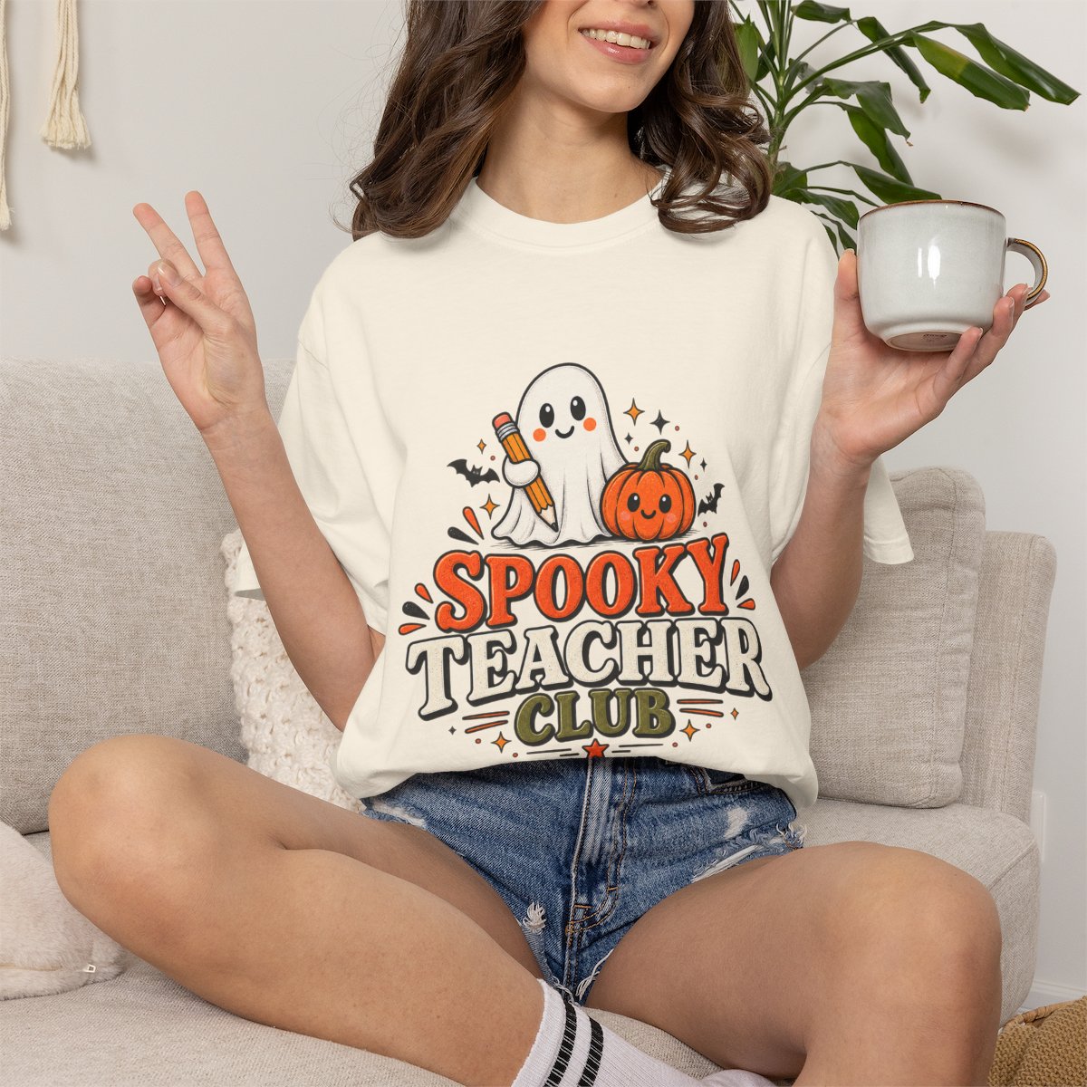 Spooky Teacher Club T-shirt | Halloween ghost and pumpkin design