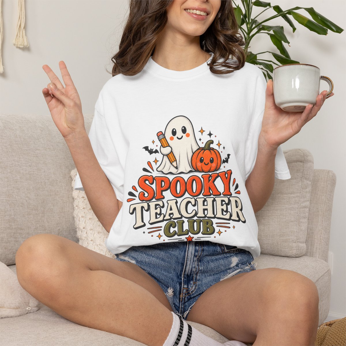 Spooky Teacher Club T-shirt | Halloween ghost and pumpkin design