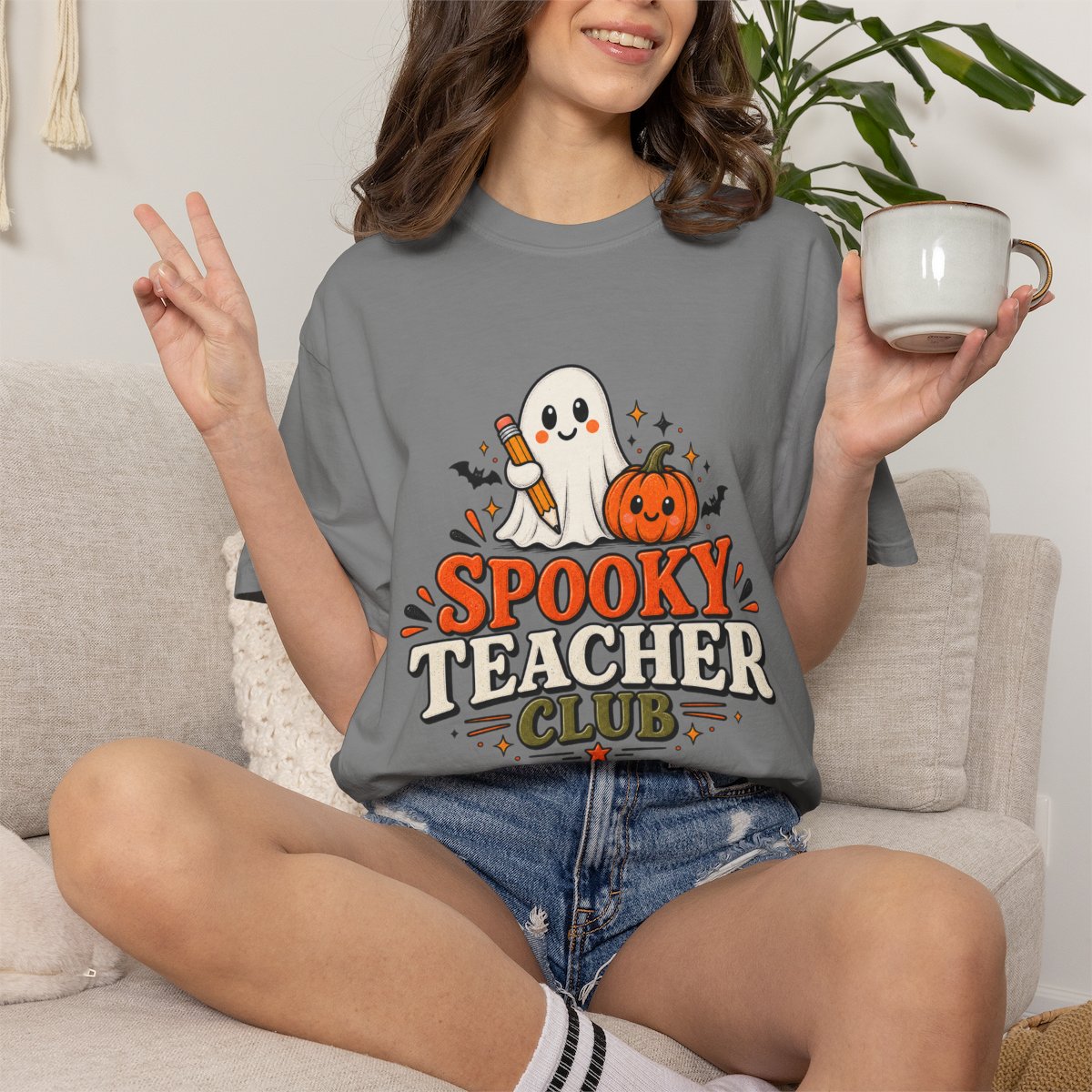 Spooky Teacher Club T-shirt | Halloween ghost and pumpkin design