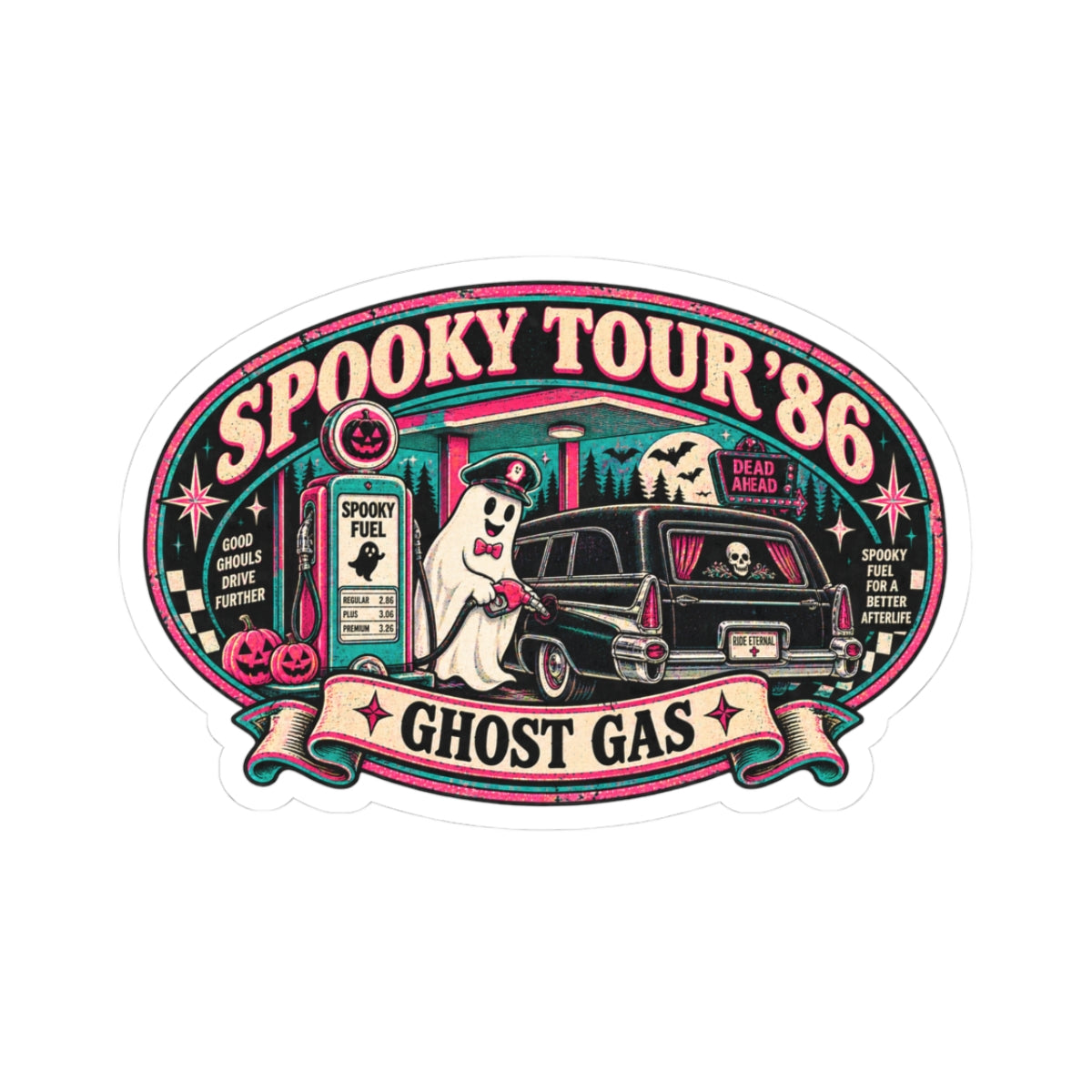 Spooky Tour '86 Ghost Gas Sticker | Retro Haunted Gas Station Ghost Attendant Vinyl Decal for Laptop, Water Bottle