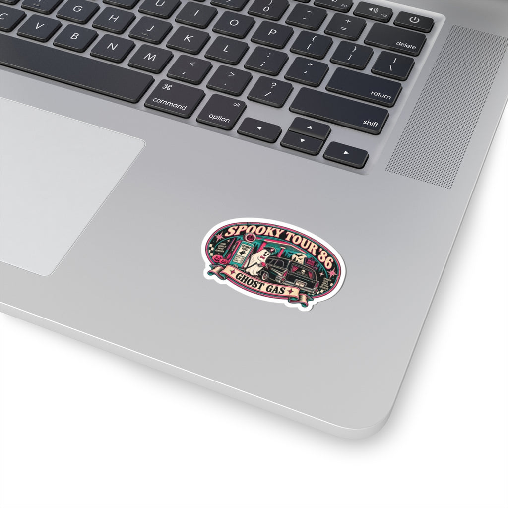 Spooky Tour '86 Ghost Gas Sticker | Retro Haunted Gas Station Ghost Attendant Vinyl Decal for Laptop, Water Bottle
