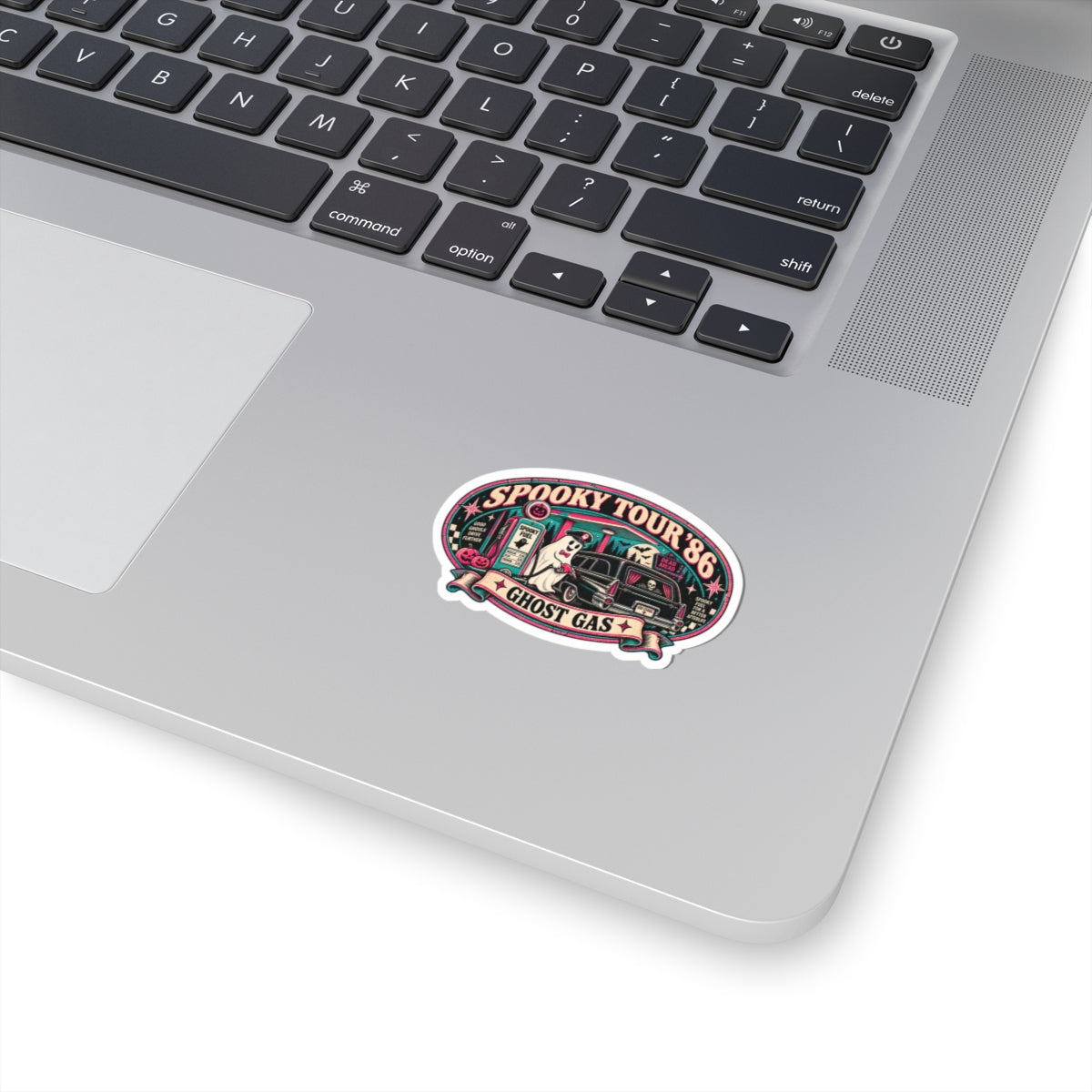 Spooky Tour '86 Ghost Gas Sticker | Retro Haunted Gas Station Ghost Attendant Vinyl Decal for Laptop, Water Bottle