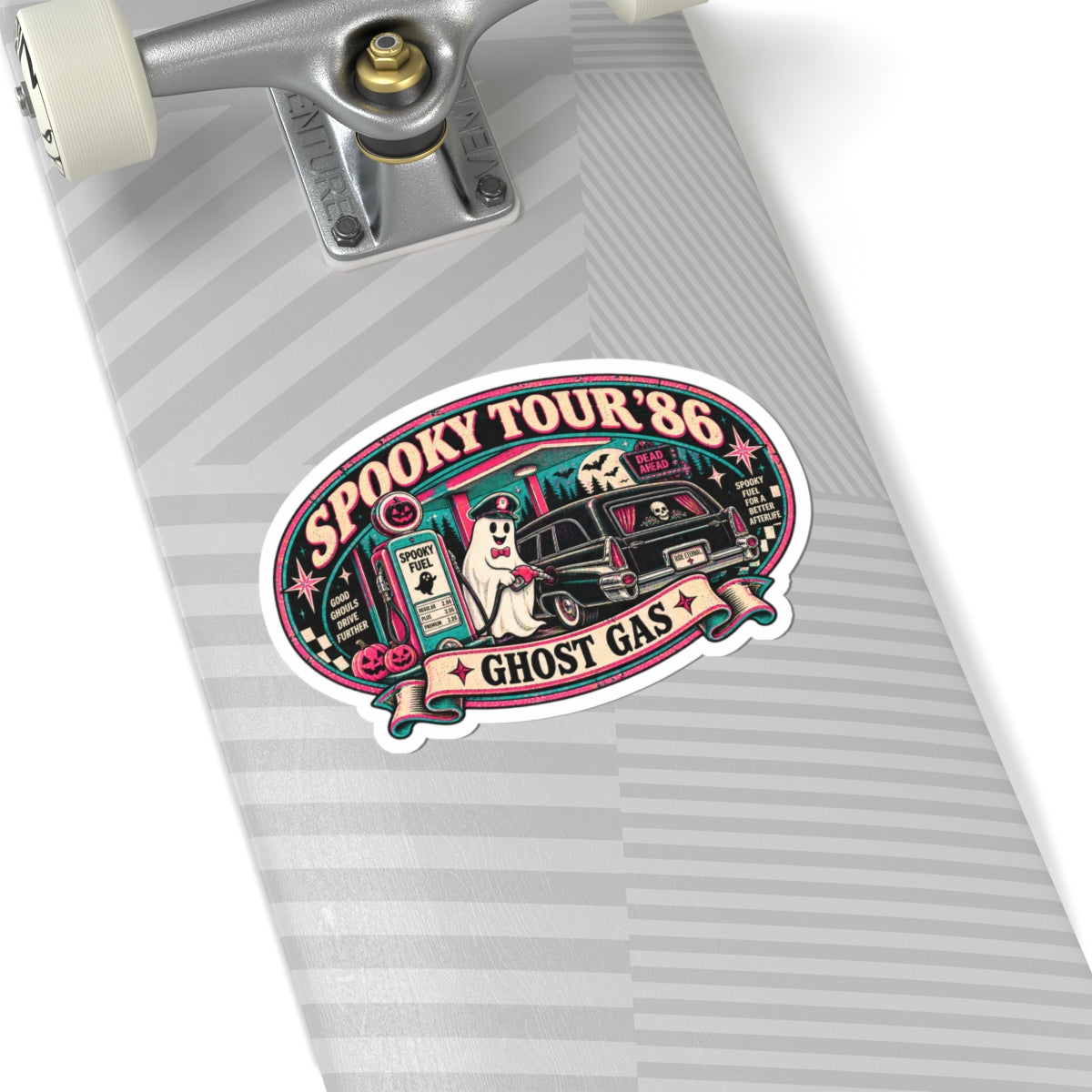 Spooky Tour '86 Ghost Gas Sticker | Retro Haunted Gas Station Ghost Attendant Vinyl Decal for Laptop, Water Bottle