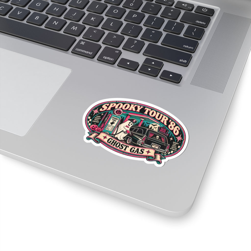 Spooky Tour '86 Ghost Gas Sticker | Retro Haunted Gas Station Ghost Attendant Vinyl Decal for Laptop, Water Bottle