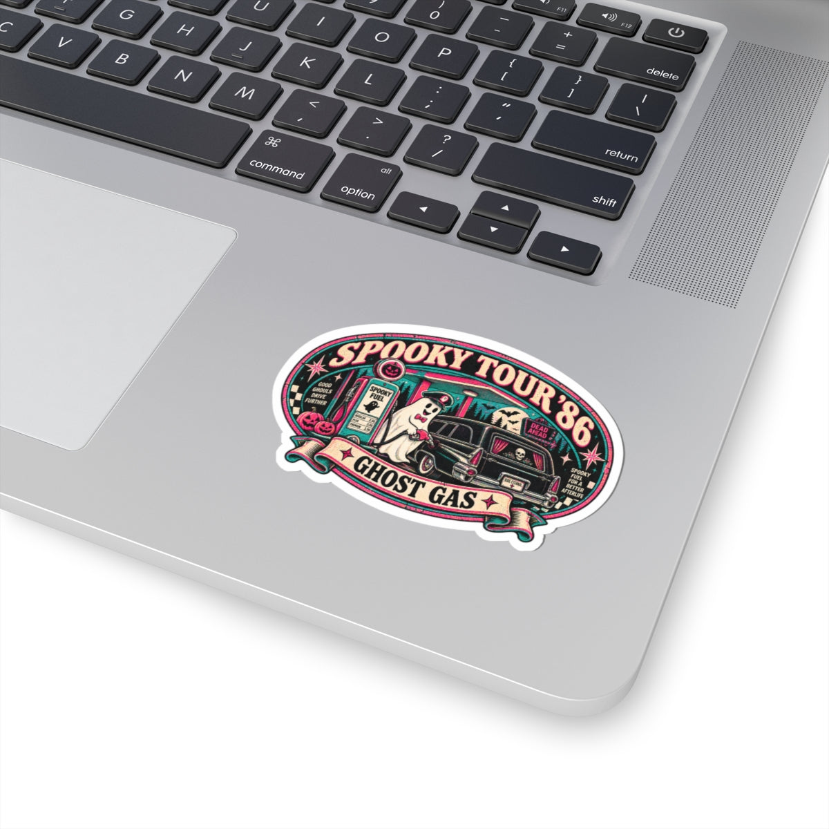Spooky Tour '86 Ghost Gas Sticker | Retro Haunted Gas Station Ghost Attendant Vinyl Decal for Laptop, Water Bottle
