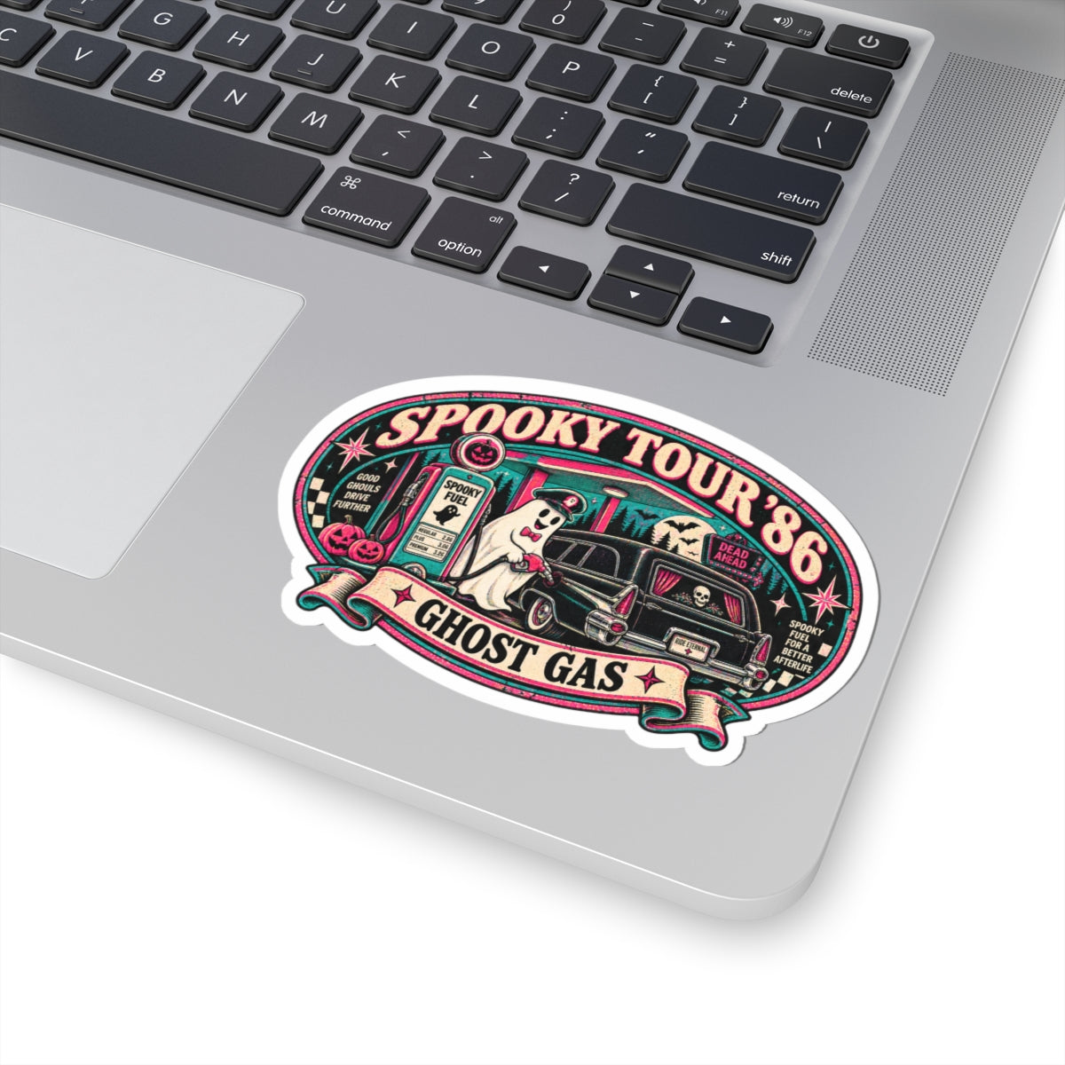 Spooky Tour '86 Ghost Gas Sticker | Retro Haunted Gas Station Ghost Attendant Vinyl Decal for Laptop, Water Bottle