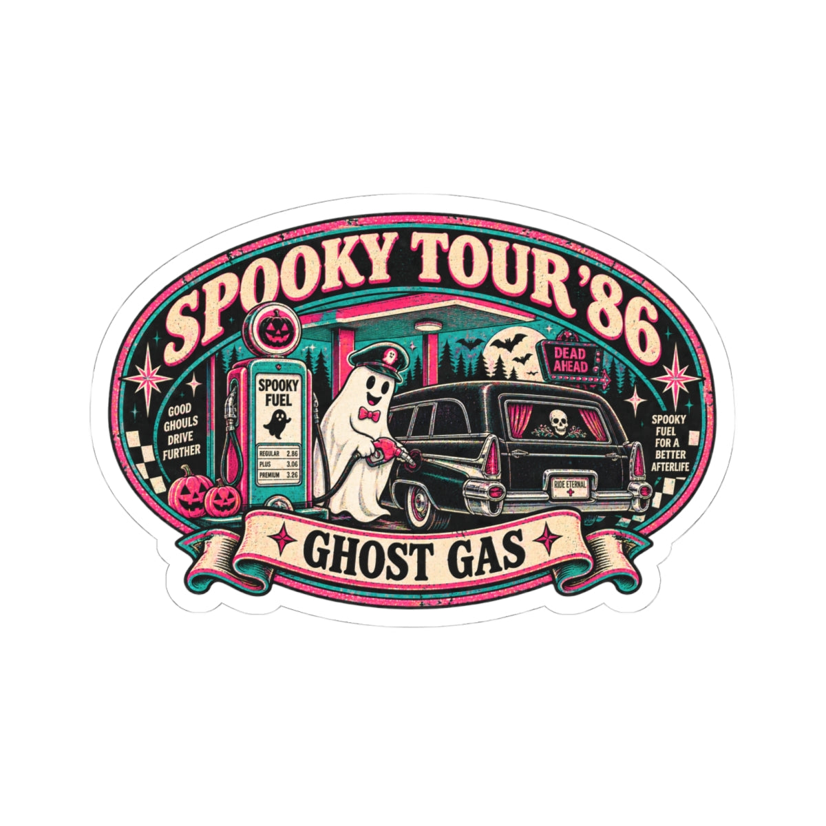 Spooky Tour '86 Ghost Gas Sticker | Retro Haunted Gas Station Ghost Attendant Vinyl Decal for Laptop, Water Bottle