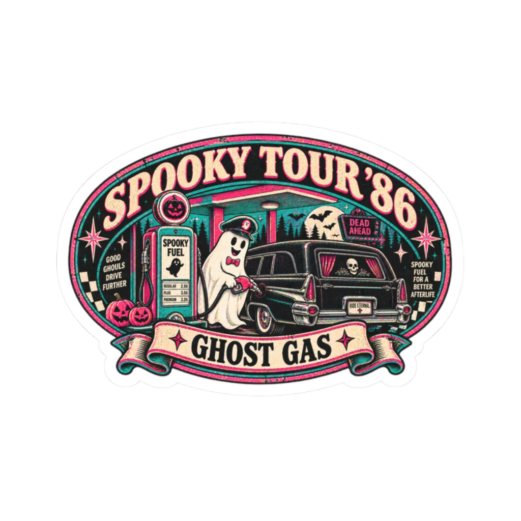 Spooky Tour '86 Ghost Gas Sticker | Retro Haunted Gas Station Ghost Attendant Vinyl Decal for Laptop, Water Bottle