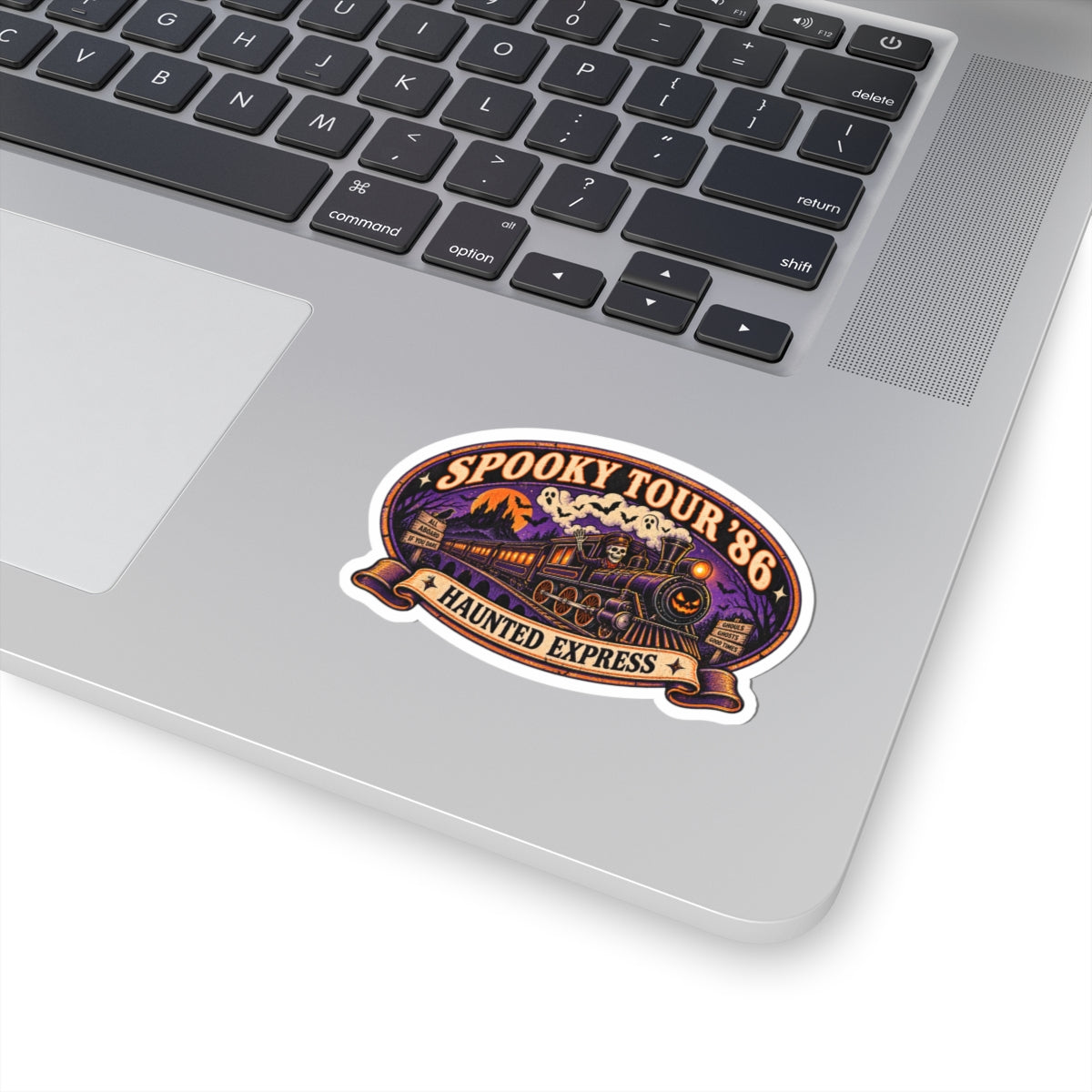 Spooky Tour '86 Haunted Express Sticker | Retro Ghost Train Skeleton Conductor Vinyl Decal for Laptop, Water Bottle