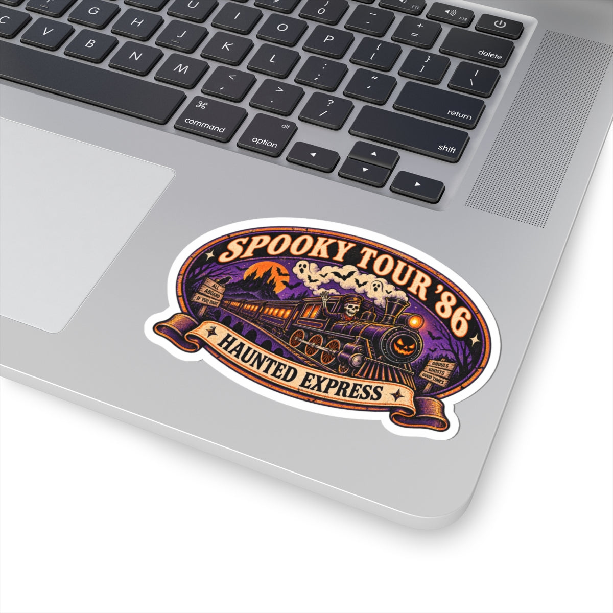 Spooky Tour '86 Haunted Express Sticker | Retro Ghost Train Skeleton Conductor Vinyl Decal for Laptop, Water Bottle