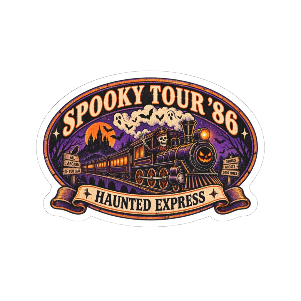 Spooky Tour '86 Haunted Express Sticker | Retro Ghost Train Skeleton Conductor Vinyl Decal for Laptop, Water Bottle