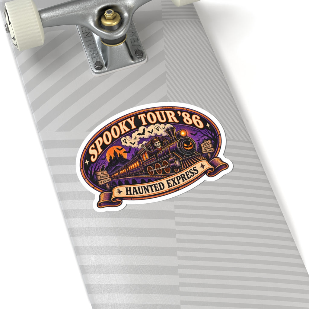 Spooky Tour '86 Haunted Express Sticker | Retro Ghost Train Skeleton Conductor Vinyl Decal for Laptop, Water Bottle