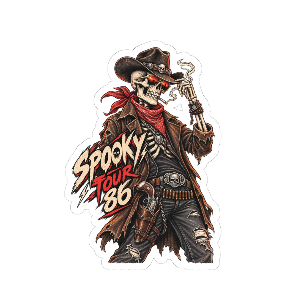 Spooky Tour '86 Saloon Sticker, Skeleton Cowboy Halloween Decal