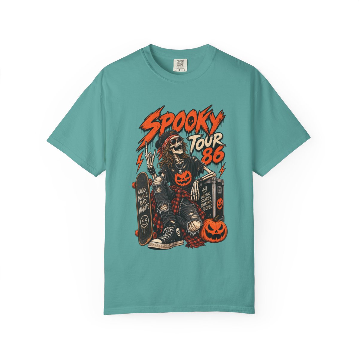 Spooky Tour '86 Skeleton Skateboard T-shirt | Halloween Pumpkin Graphic